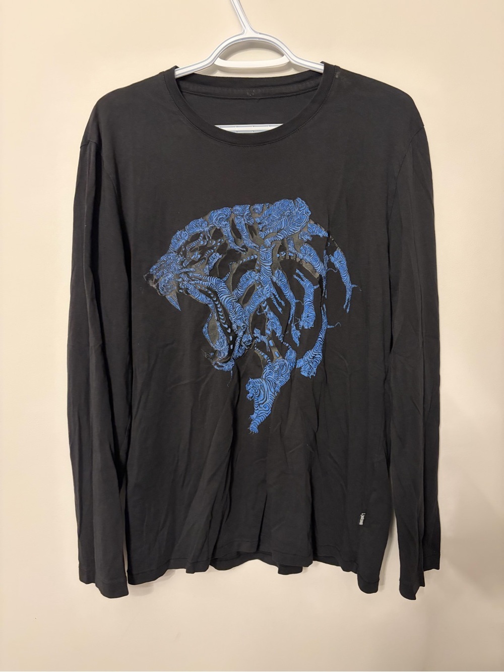 Just Cavalli Men's Black Long-Sleeve Graphic Tee with Blue Tiger Design